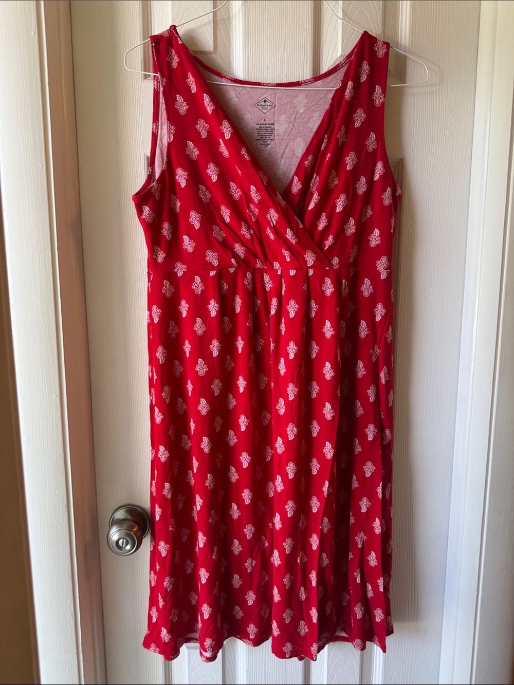 St. John's Bay Red Sleeveless Midi Dress with White Floral Motif